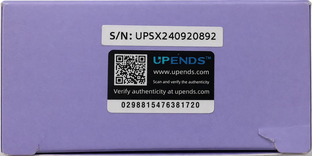 UPENDS-echtheidslabel na het afkrassen met de zichtbare controlecode