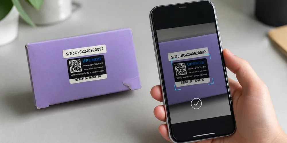 De QR-code van een UPENDS-echtheidslabel met een telefoon scannen