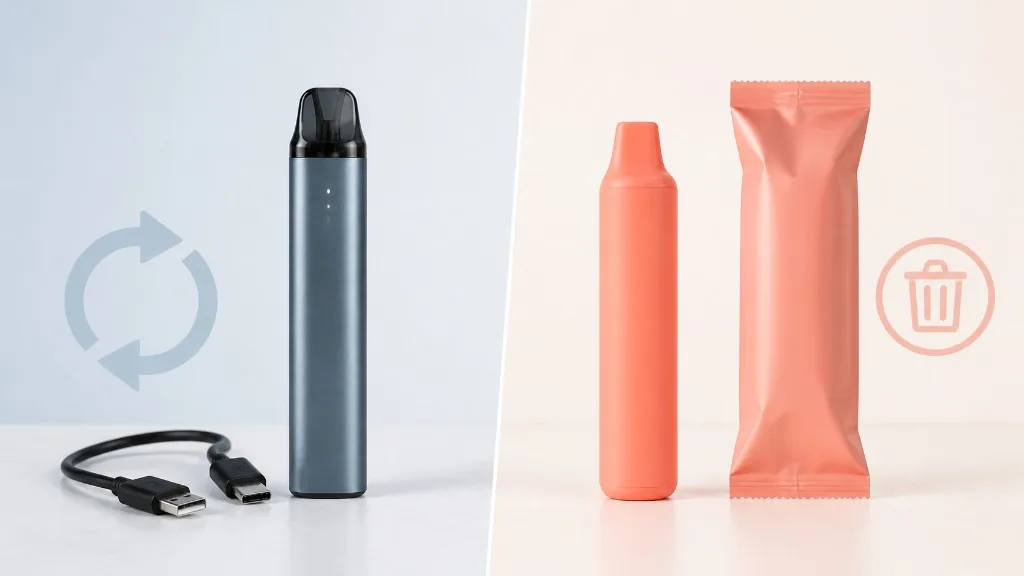 Oplaadbare pod-vape met oplaadkabel naast een wegwerp-vape in folie