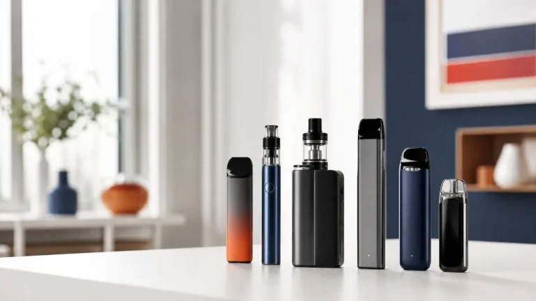 Zes verschillende vapes op een rij, ter illustratie van een aankoopgids