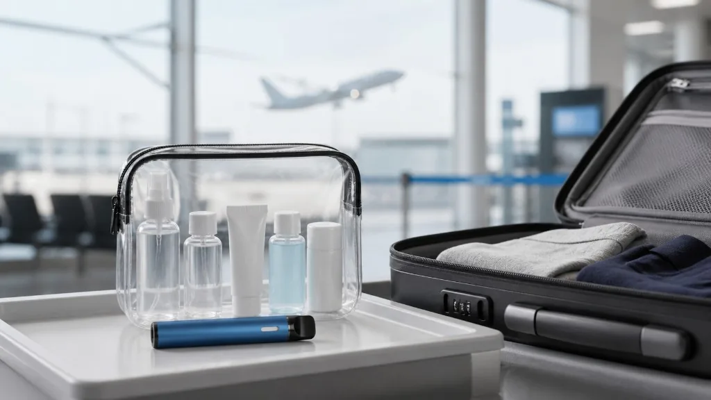 Disposable vape in een bakje bij de security, naast een doorzichtige toilettas