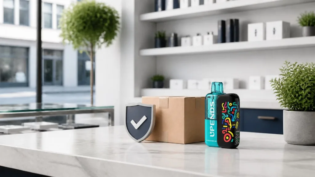 Verzenddoos met twee vapes en een schild met vinkje